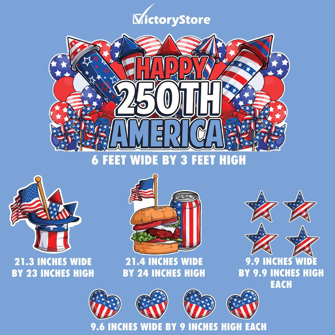 Jumbo Happy 250th America Yard Sign Display: 11pc Patriotic 4th of July Lawn Decor | Oversized EZ Yard Cards