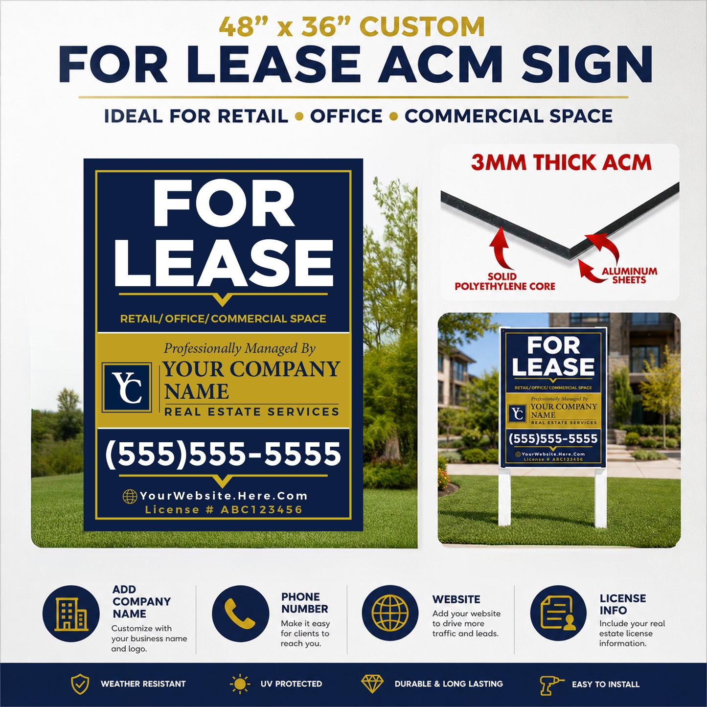 Custom For Lease Sign – 48x36 Aluminum Composite Commercial Real Estate Sign | Outdoor ACM Property Leasing Sign