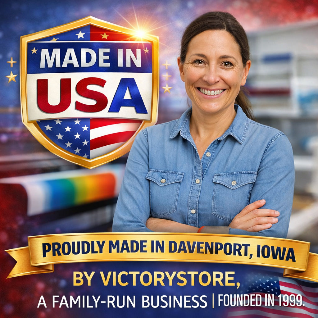 Woman in a blue shirt with 'Made in USA' and 'Proudly Made in Davenport, Iowa' text.