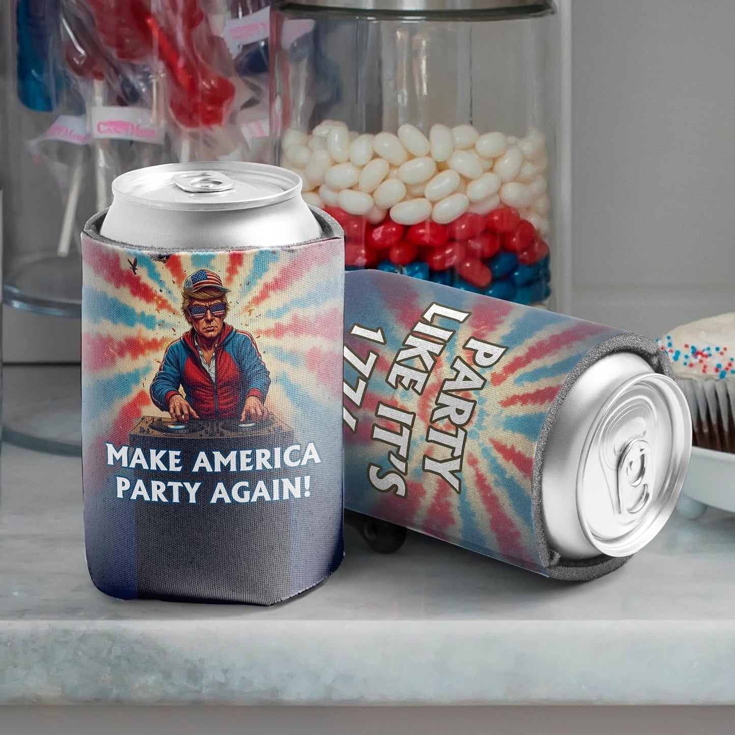 Make America Party Again Can Coolers, Party Like It’s 1776, Patriotic Fourth of July Drink Sleeves for Cans and Bottles