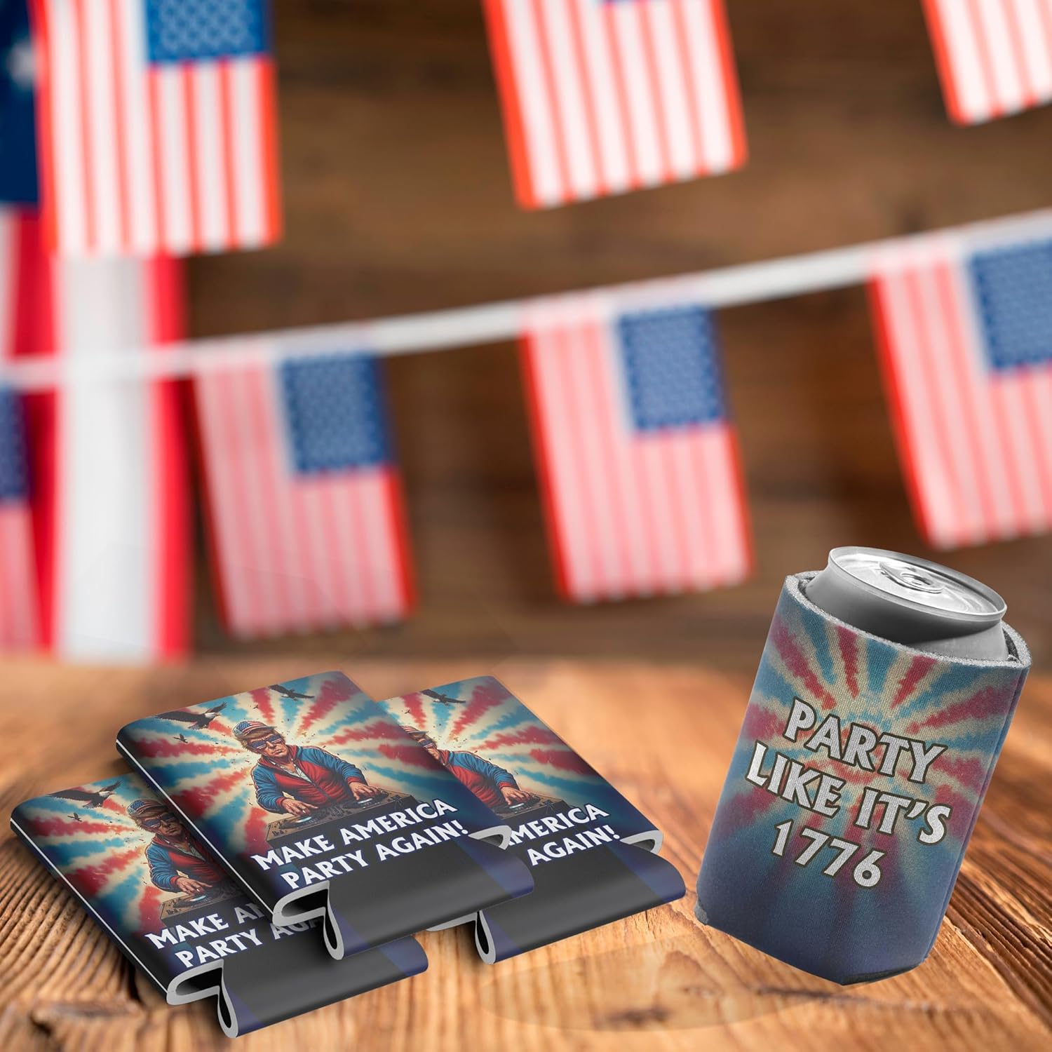 Make America Party Again Can Coolers, Party Like It’s 1776, Patriotic Fourth of July Drink Sleeves for Cans and Bottles