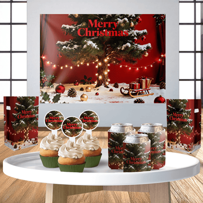Merry Christmas Bundle - Backdrop Banner, Cupcake Toppers, Can Coolers and Trash Bins