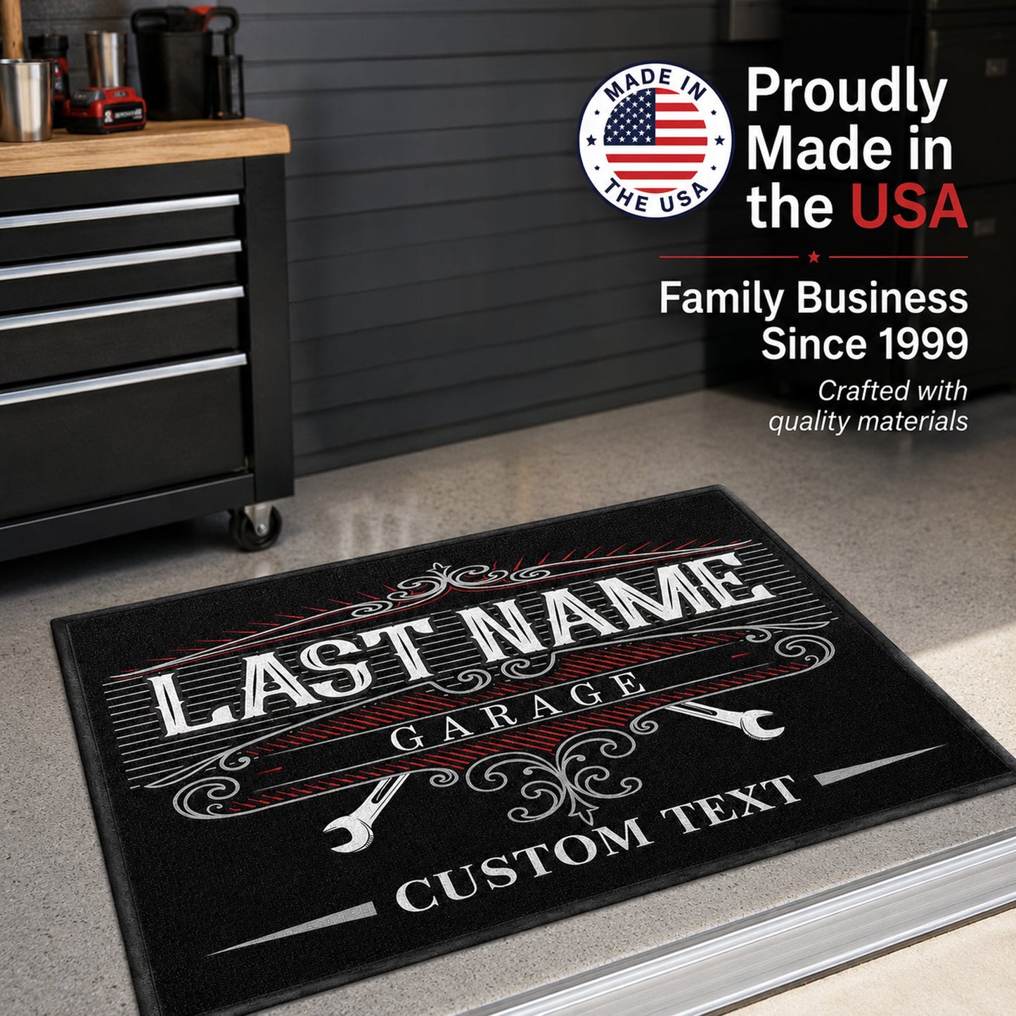 Personalized Garage Doormat – Custom Last Name Auto Shop Mat, 24x36