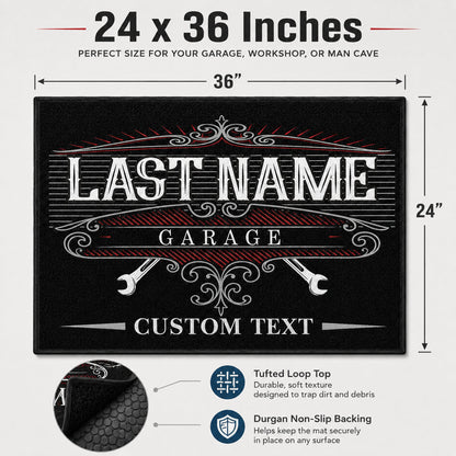 Personalized Garage Doormat – Custom Last Name Auto Shop Mat, 24x36
