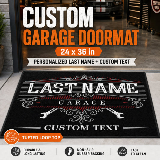 Personalized Garage Doormat – Custom Last Name Auto Shop Mat, 24x36