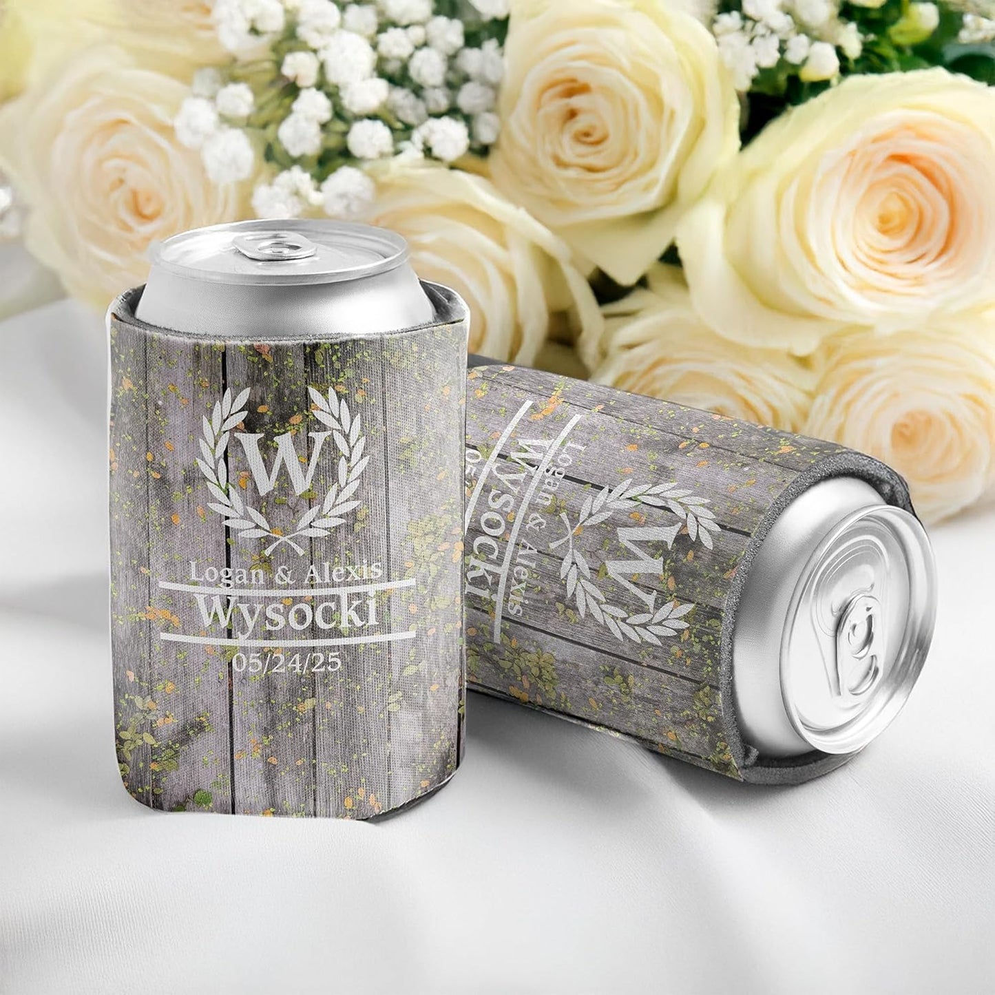 Personalized Laurel And Initial Wedding Can Coolers