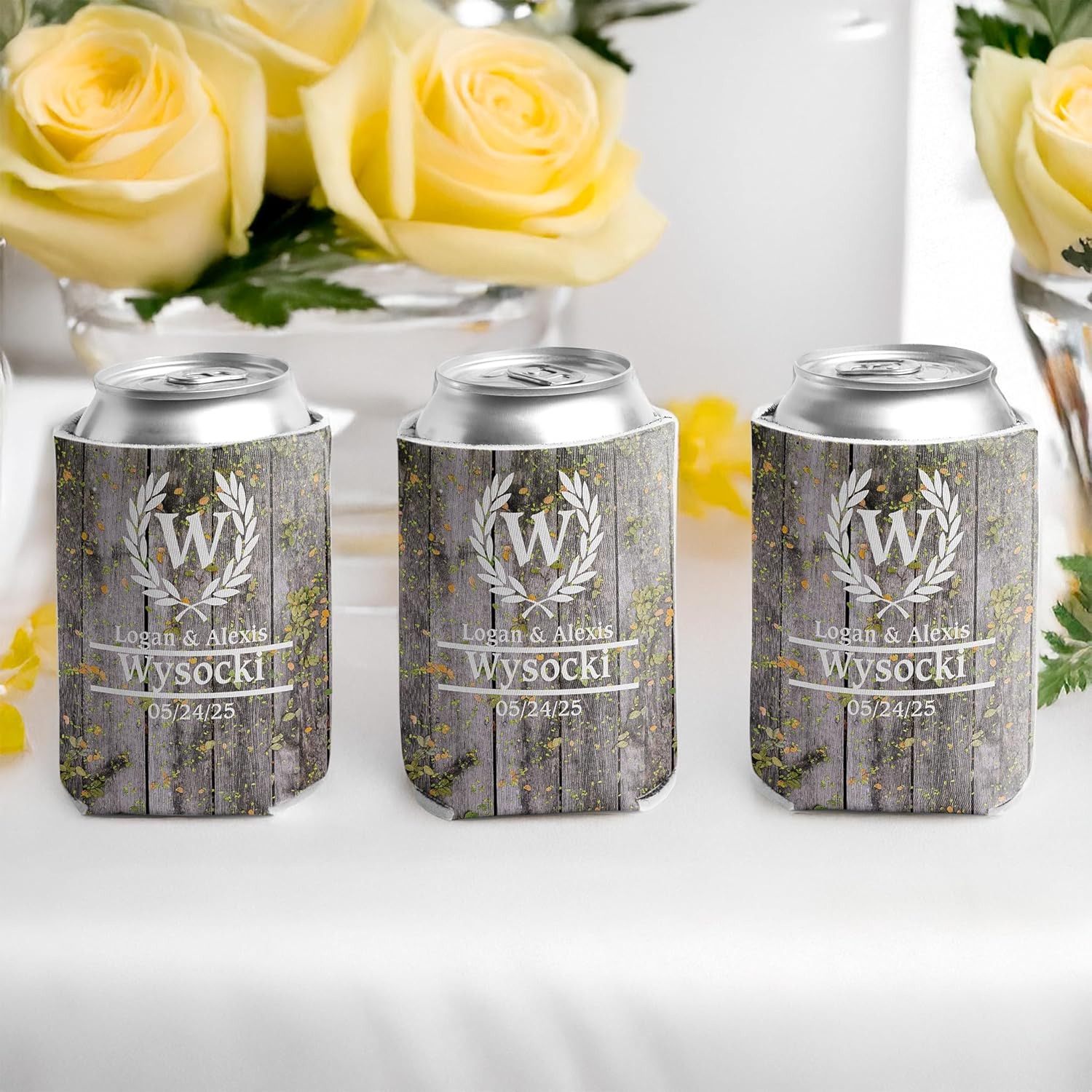 Personalized Laurel And Initial Wedding Can Coolers