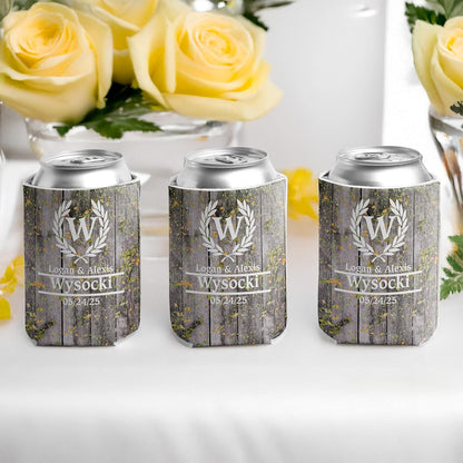 Personalized Laurel And Initial Wedding Can Coolers
