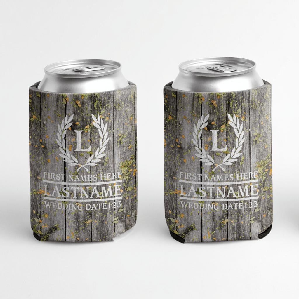 Personalized Laurel And Initial Wedding Can Coolers