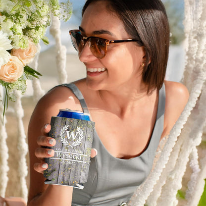 Personalized Laurel And Initial Wedding Can Coolers