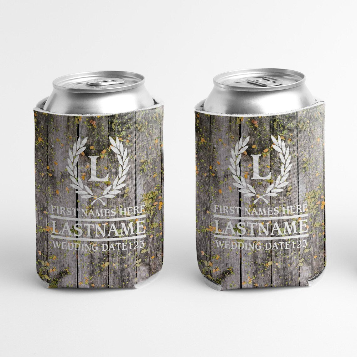 Personalized Laurel And Initial Wedding Can Coolers