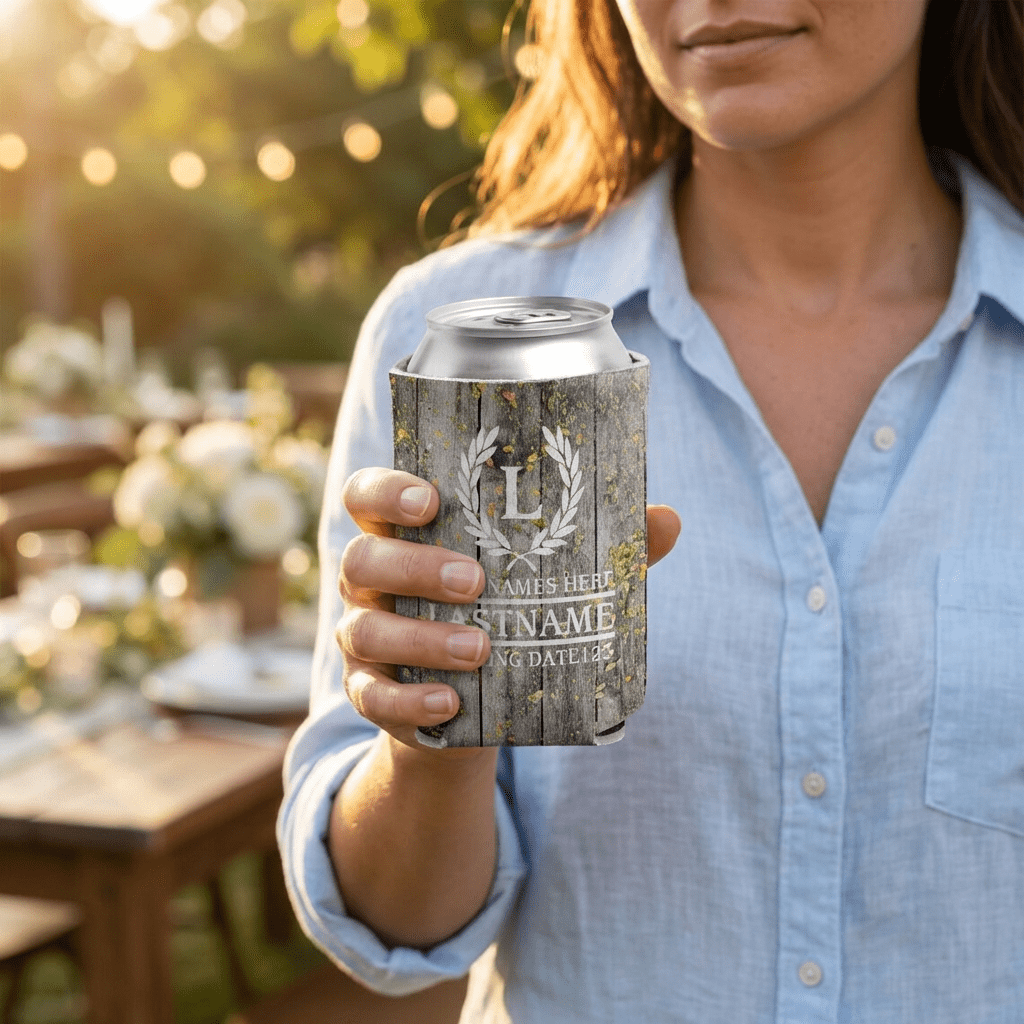 Personalized Laurel And Initial Wedding Can Coolers
