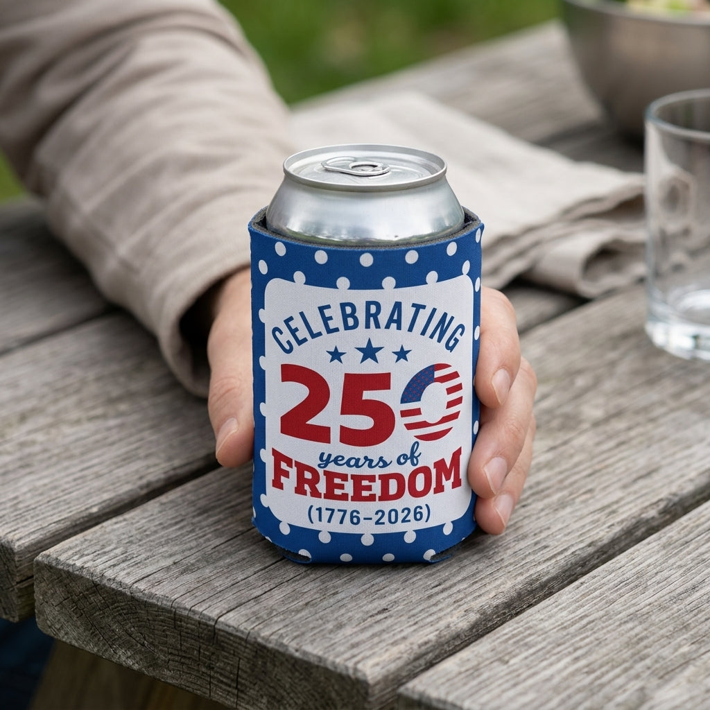 4th of July Can Coolers America's 250th Anniversary, 25 Unique Patriotic Designs, Fits 12oz Cans