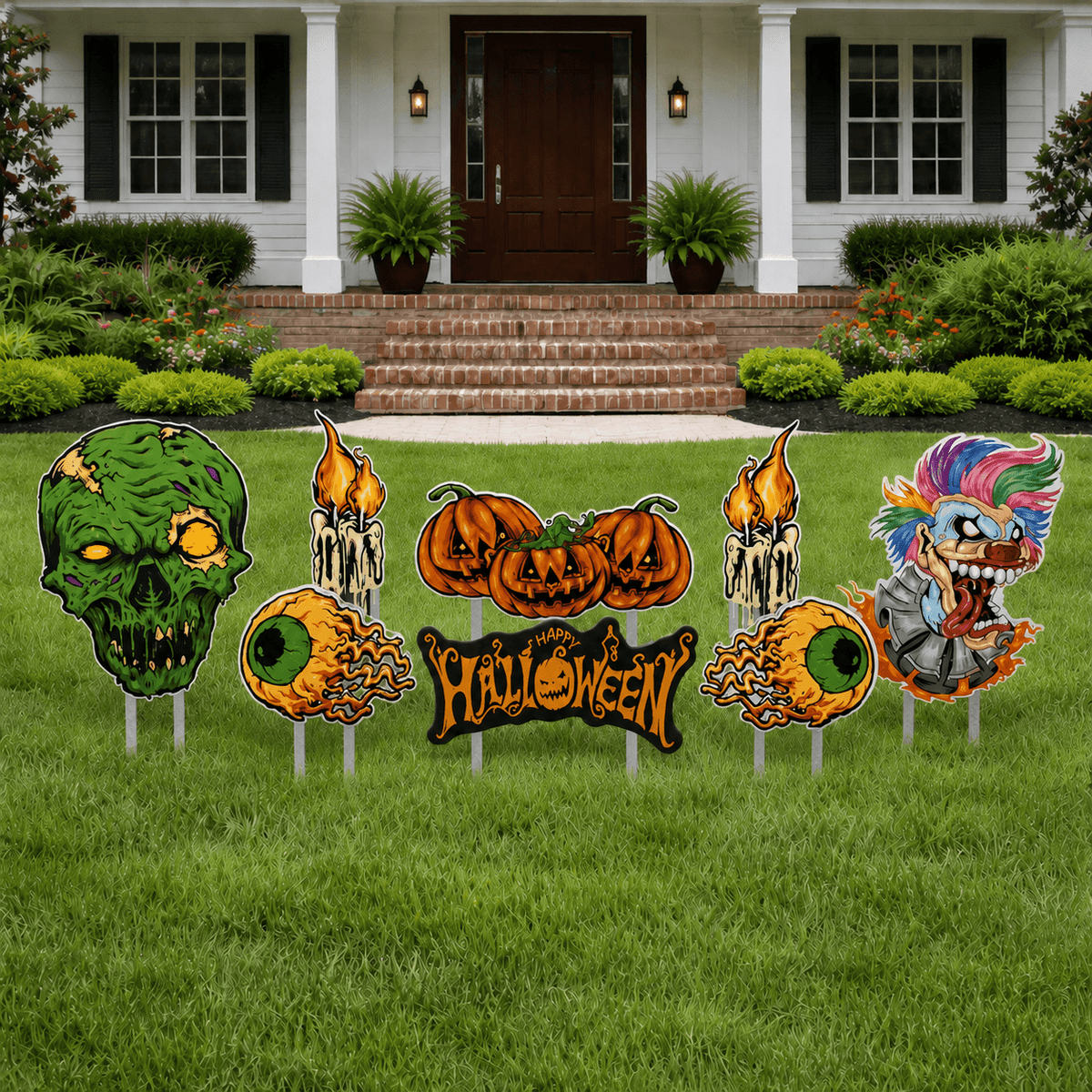 Scary Happy Halloween Yard Card Set – Outdoor Halloween Lawn Decorations with Stakes