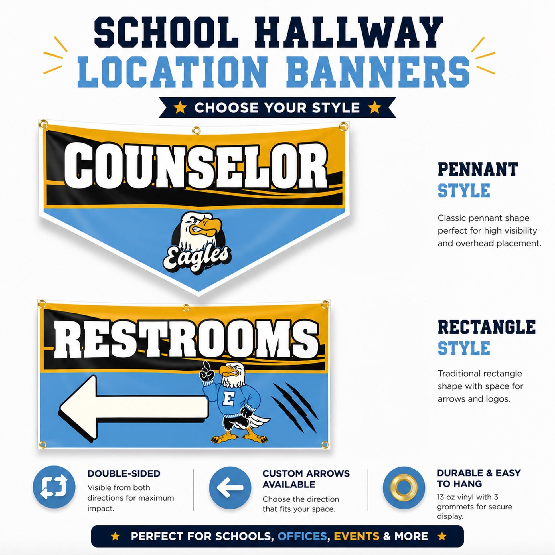 School Hallway Location Banners | 2x4 Ft Vinyl Signs with Grommets, Double-Sided