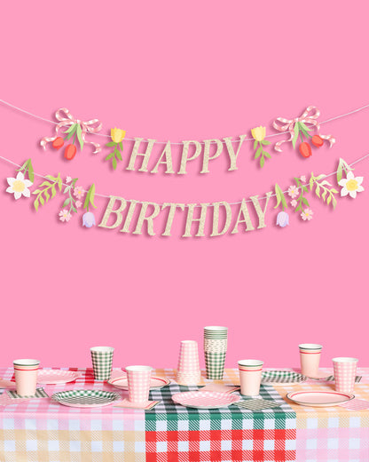 Floral Birthday Banner - gold glitter banner