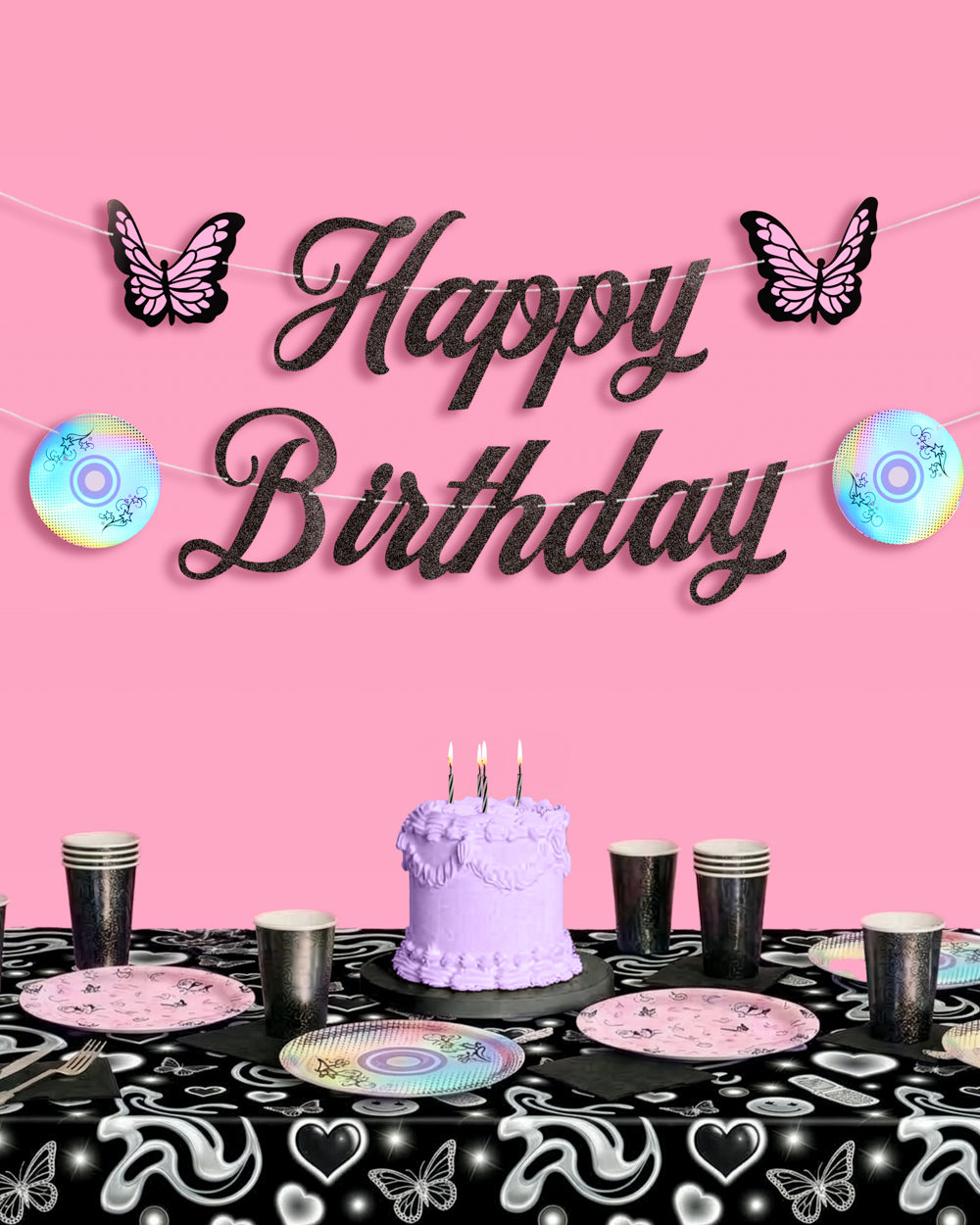 Y2K Birthday Banner - black glitter banner