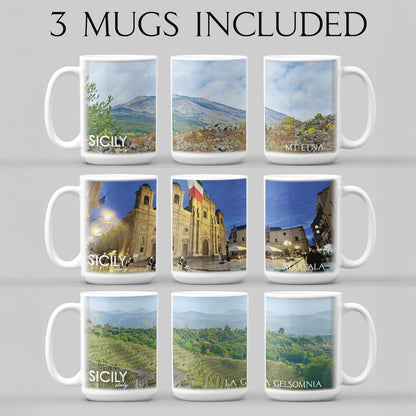 Sicilian Coffee Mug Set – 3 - Pack 15oz Ceramic Mugs Featuring Sicily - Themed Designs