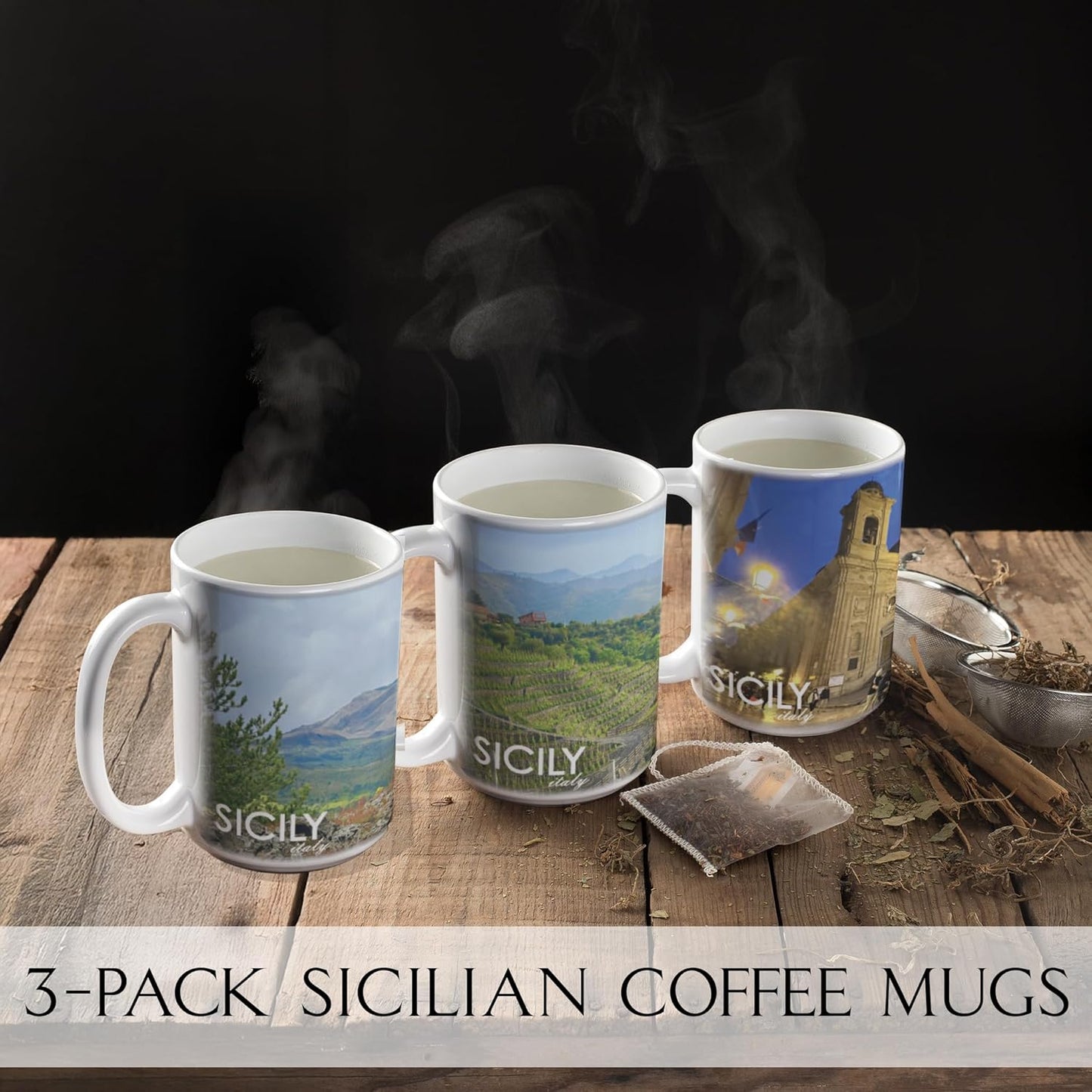 Sicilian Coffee Mug Set – 3 - Pack 15oz Ceramic Mugs Featuring Sicily - Themed Designs