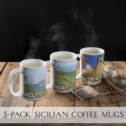 Sicilian Coffee Mug Set – 3 - Pack 15oz Ceramic Mugs Featuring Sicily - Themed Designs