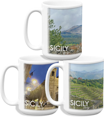 Sicilian Coffee Mug Set – 3 - Pack 15oz Ceramic Mugs Featuring Sicily - Themed Designs