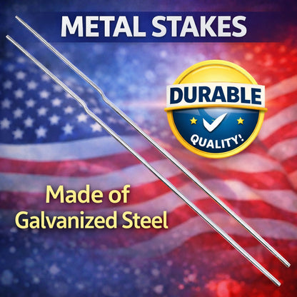 Metal stakes with a durable quality badge and American flag background