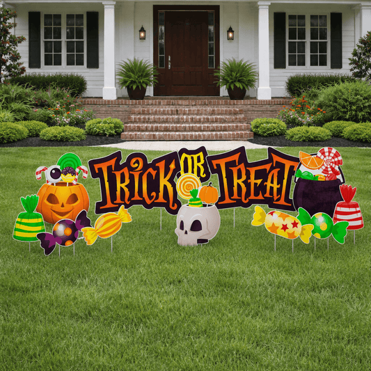 Trick or Treat Candy Halloween Yard Decorations – 12-Piece Outdoor Lawn Sign Set