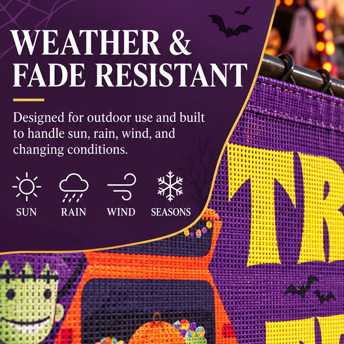 Close-up promotional graphic for a Halloween-themed hanging decoration. The product shows a purple mesh fabric with large yellow 'TR' lettering, orange trim, and small multicolor bead accents.