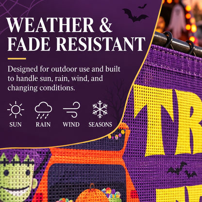 Close-up promotional graphic for a Halloween-themed hanging decoration. The product shows a purple mesh fabric with large yellow 'TR' lettering, orange trim, and small multicolor bead accents.