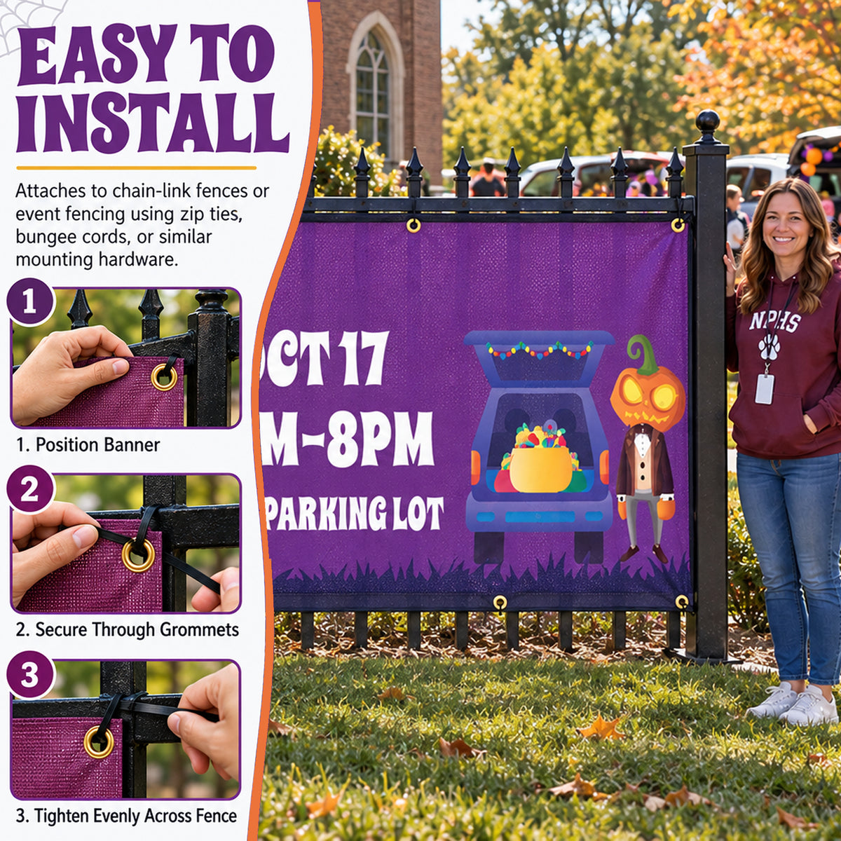 A purple Halloween-themed fence banner hanging on a black metal fence in a backyard, with a woman standing to the right. The left side includes an 'EASY TO INSTALL' instructional panel with step-by-step diagrams and text explaining how to attach it to a chain-link fence.