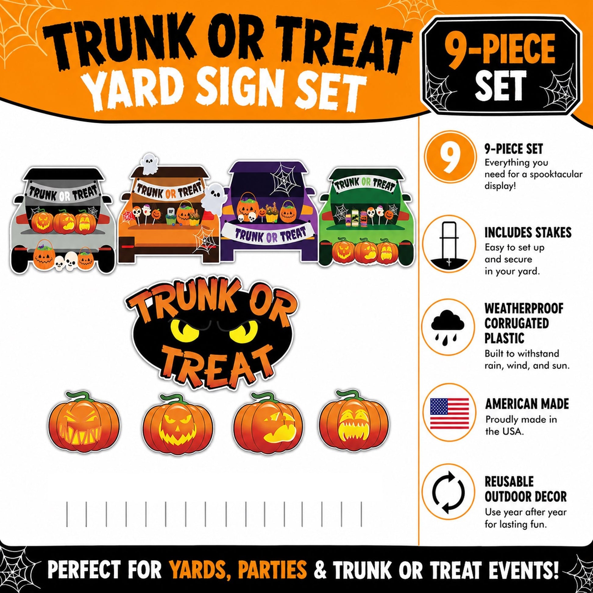 Trunk or Treat Yard Signs, Halloween Yard Decoration 9 Piece Set