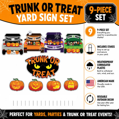 Trunk or Treat Yard Signs, Halloween Yard Decoration 9 Piece Set