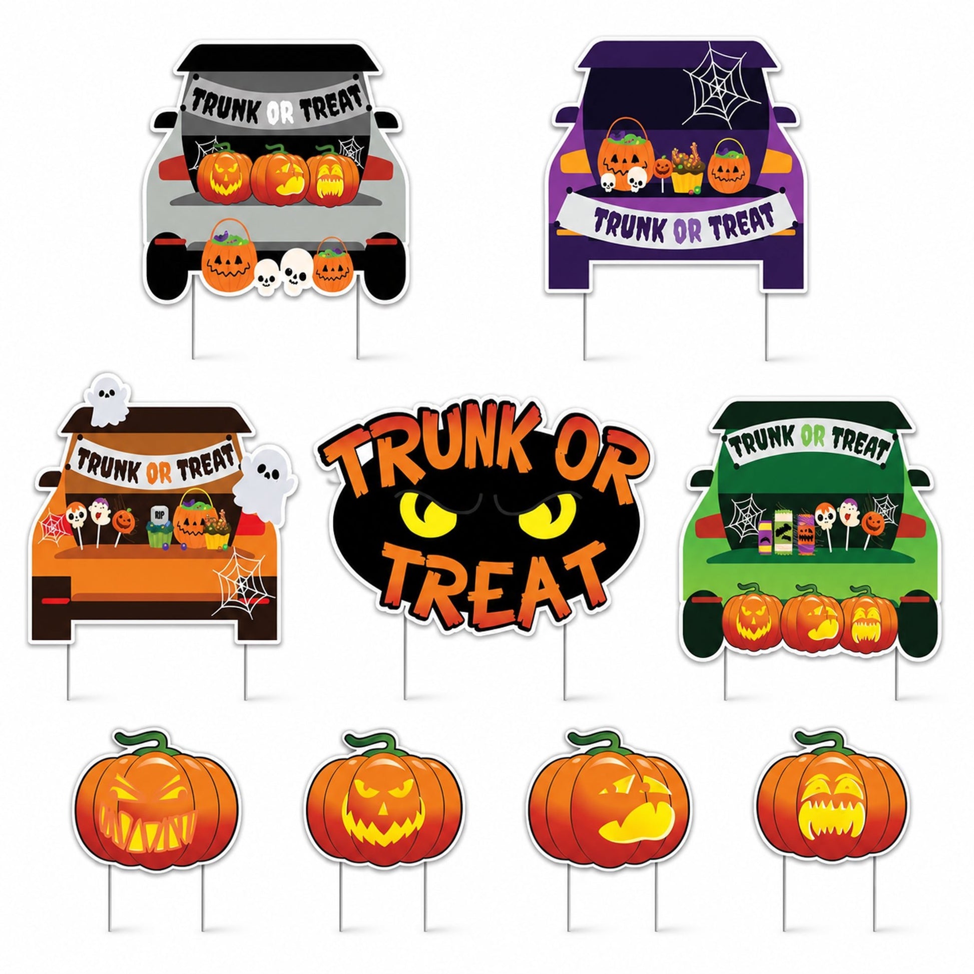Trunk or Treat Yard Signs, Halloween Yard Decoration 9 Piece Set