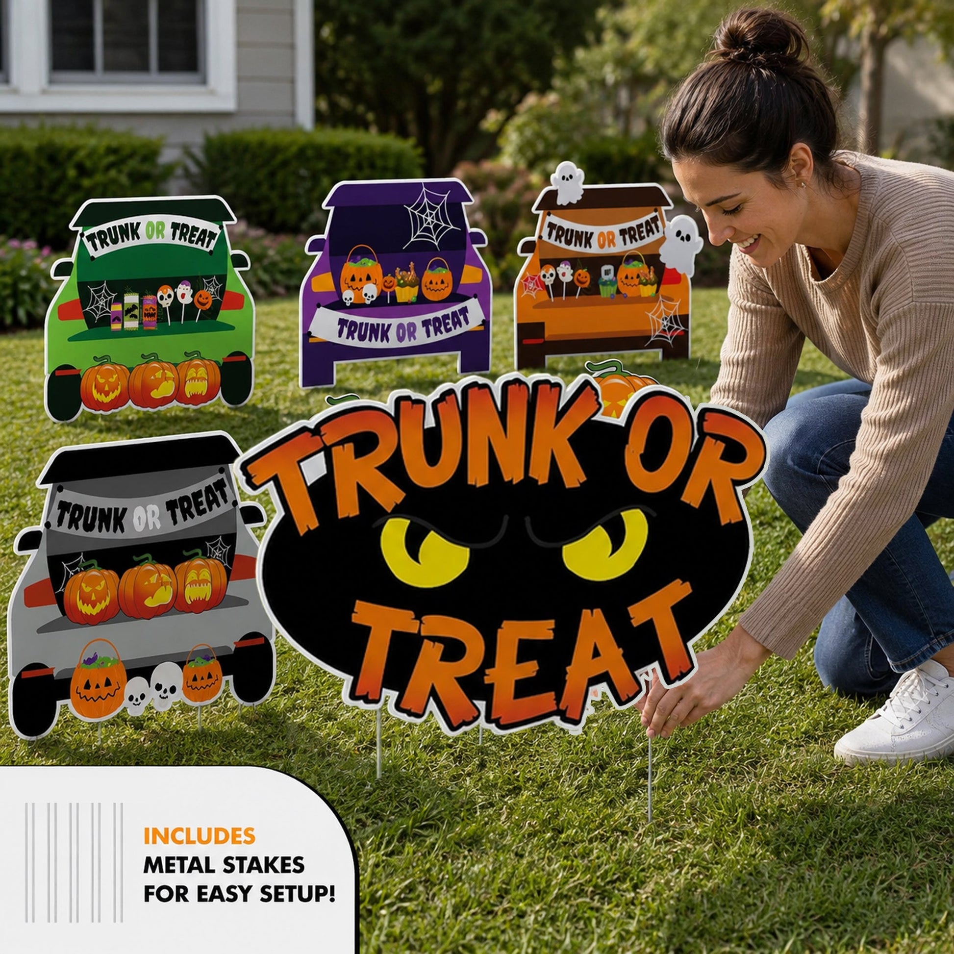Trunk or Treat Yard Signs, Halloween Yard Decoration 9 Piece Set