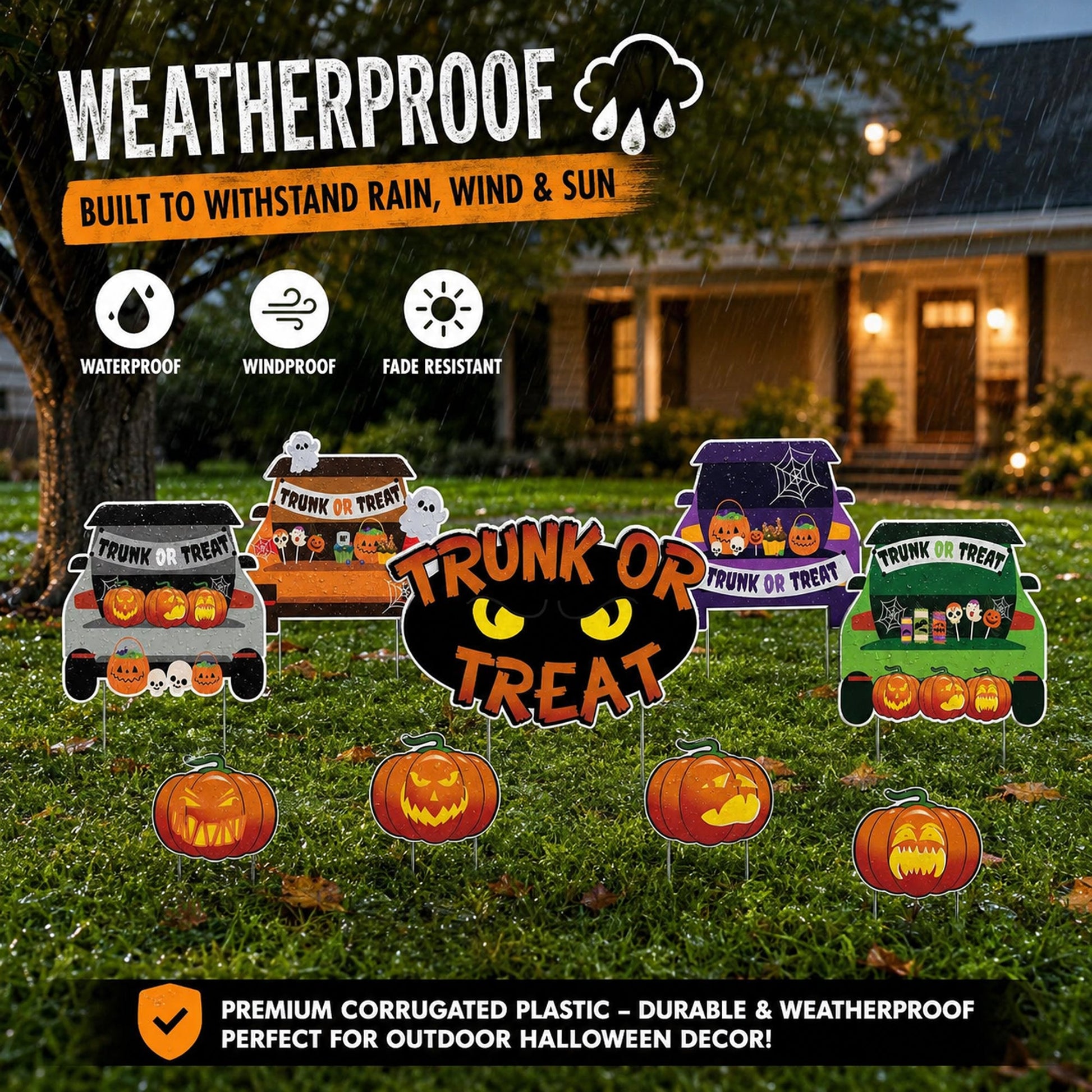 Trunk or Treat Yard Signs, Halloween Yard Decoration 9 Piece Set
