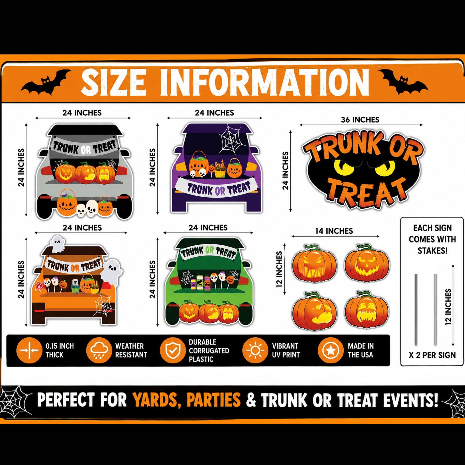 Trunk or Treat Yard Signs, Halloween Yard Decoration 9 Piece Set