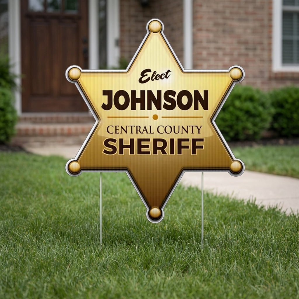 Two Sided Sheriff Gold Star Shaped 23.5" Yard Sign with 24" EZ Stakes