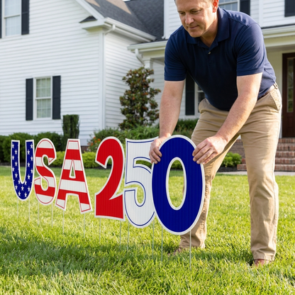 USA 250 Yard Letters with Stakes: 6pc Patriotic 4th of July Lawn Decor