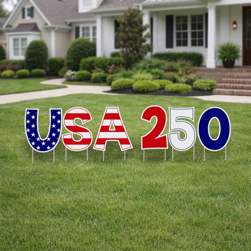 USA 250 Yard Letters with Stakes: 6pc Patriotic 4th of July Lawn Decor