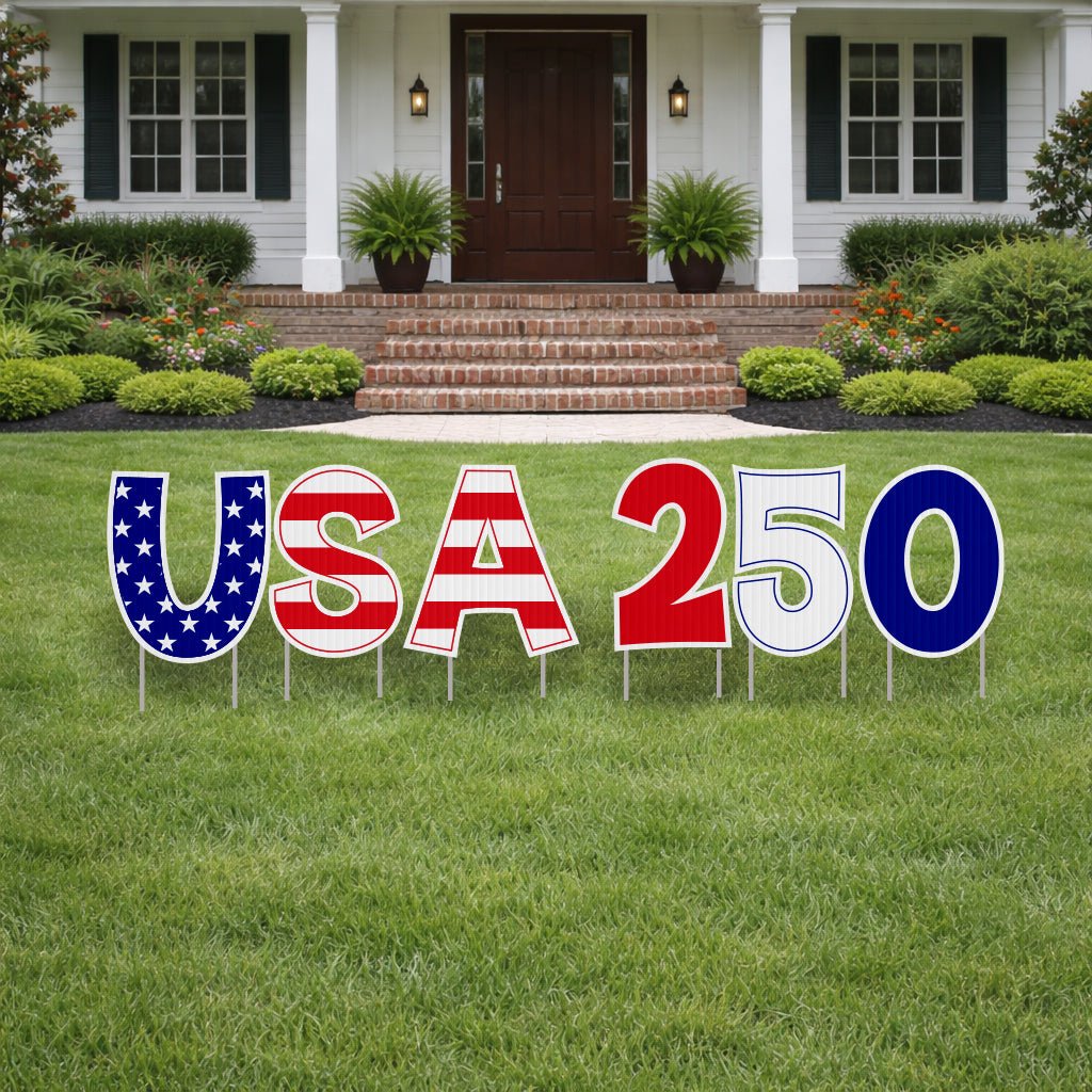 USA 250 Yard Letters with Stakes: 6pc Patriotic 4th of July Lawn Decor