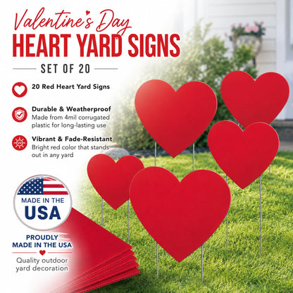 Valentine’s Day Red Heart Yard Signs | 20 Piece Set with Stakes