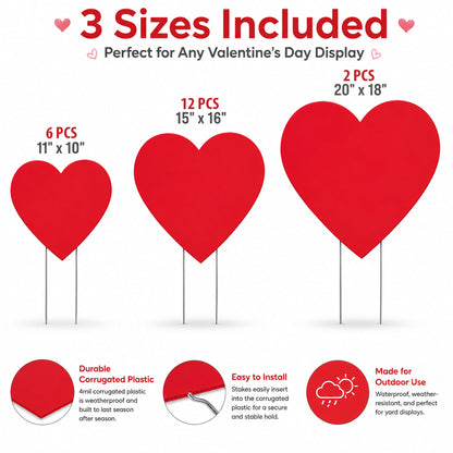 Valentine’s Day Red Heart Yard Signs | 20 Piece Set with Stakes
