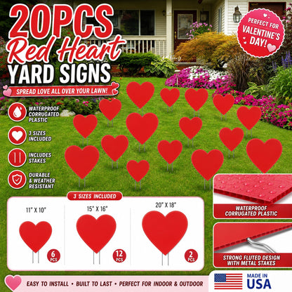 Valentine’s Day Red Heart Yard Signs | 20 Piece Set with Stakes