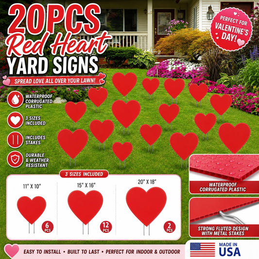 Valentine’s Day Red Heart Yard Signs | 20 Piece Set with Stakes