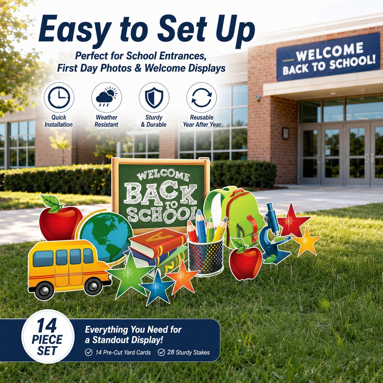 Welcome Back to School Chalkboard Yard Card Decoration - 14 pc set