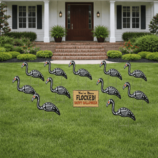 You’ve Been Flocked Skeleton Flamingo Halloween Yard Decorations – 13-Piece Outdoor Lawn Sign Set with Stakes