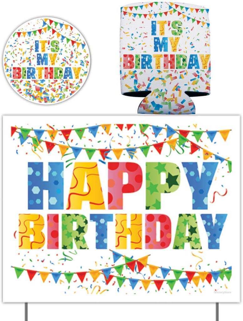 Happy Birthday Gift Pack - Yard Sign, Decal & Can Cooler - FREE SHIPPING