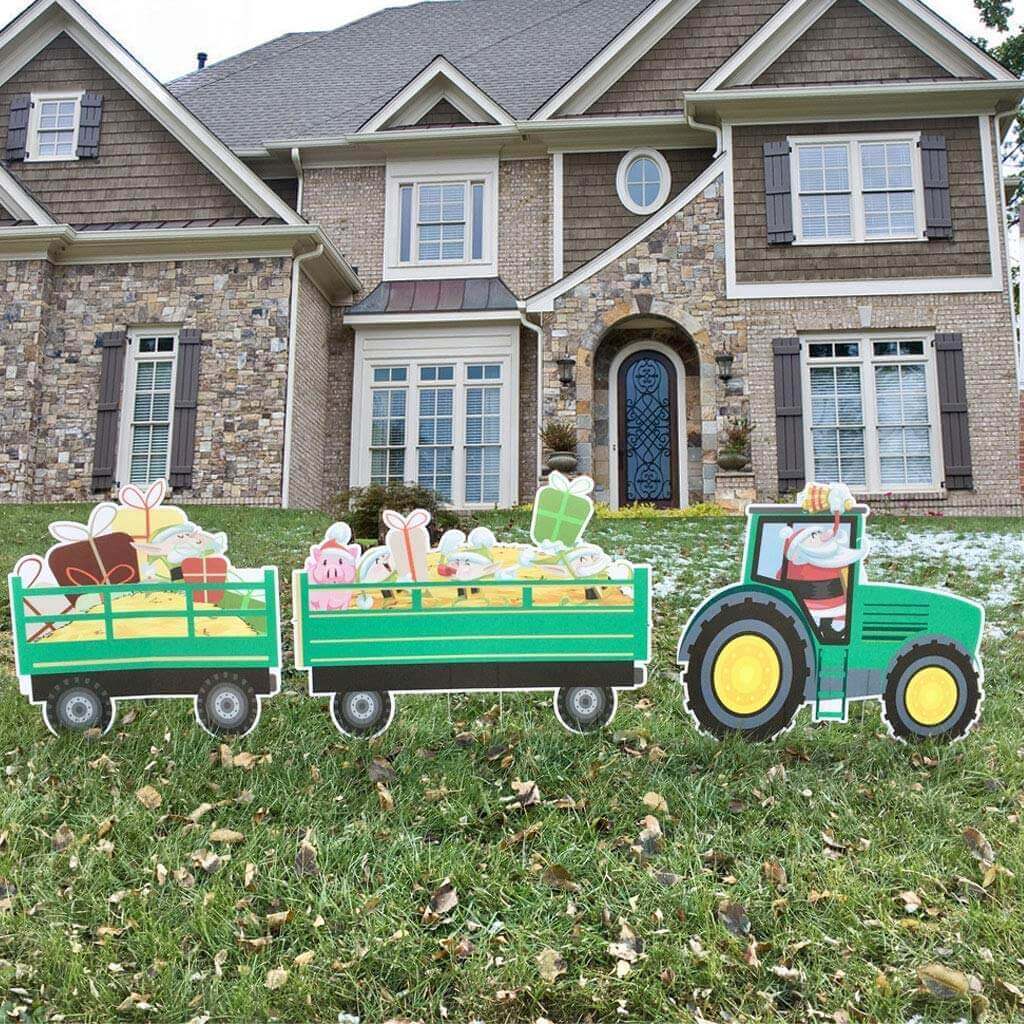 Christmas Tractor Yard Decoration 3 piece set with 12 EZ Stakes