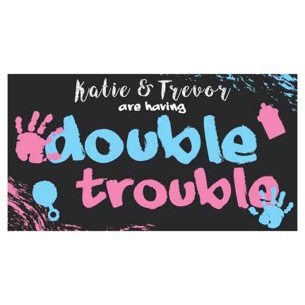 Twin Baby shower Banner - Double Trouble Gender Reveal Waterproof Vinyal Banner