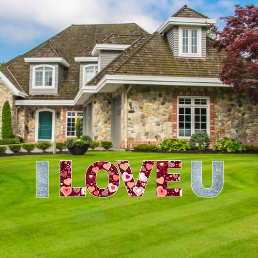I LOVE YOU Silver Sparkle yard sign letters for Valentine's Day